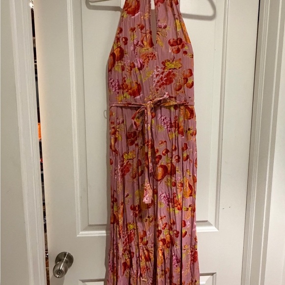 PAIGE Pink Floral Halter Midi Dress with Side Slit and Waist Tie - Picture 3 of 5